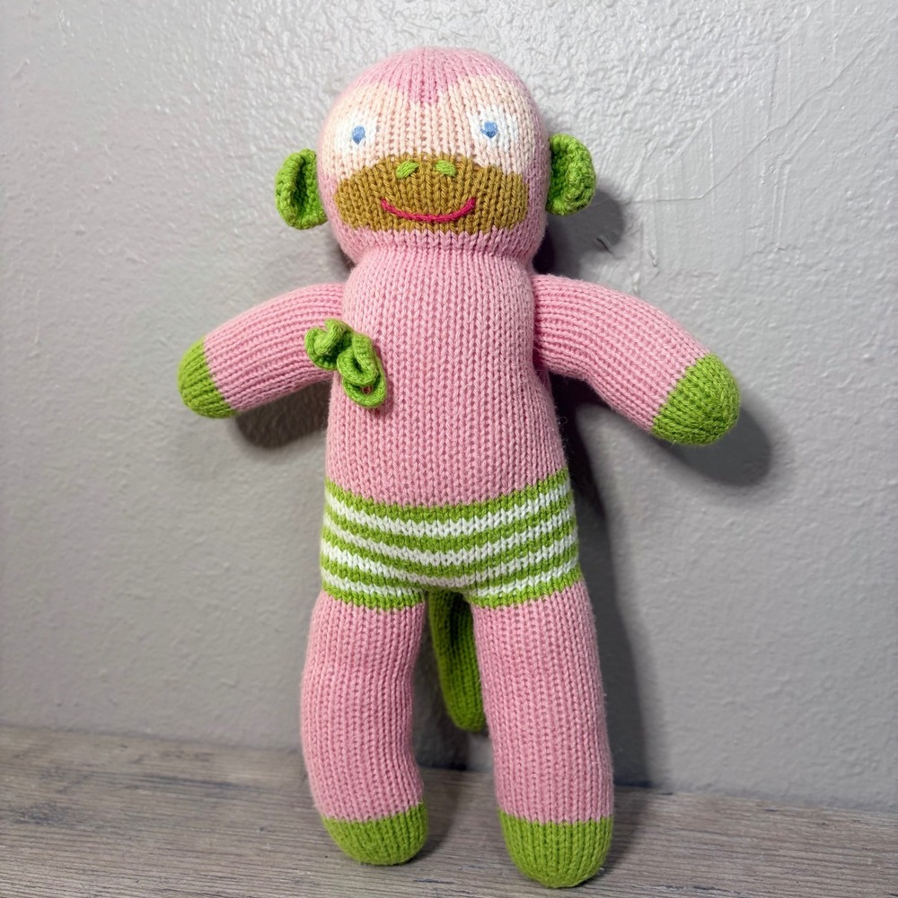 Blabla Kids Pink Green Striped Monkey Knit Plush Toy Hand Made Peru 12 Inch